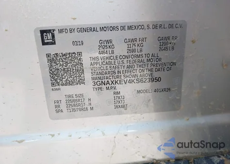 2019 Chevrolet Equinox Lt z USA, uszkodzony, nr VIN 3GNAXKEV4KS623950